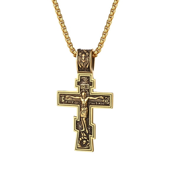 OIDEA Wide Orthodox Cross Necklace, Stainless Steel Crucifix Pendant with 23.6" Chain, Religious Gift for Men-Gold