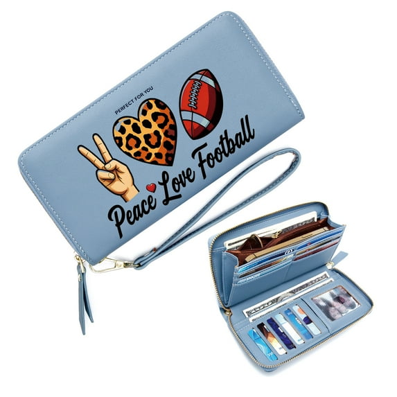 OIDERY Card Holder Wallet for Women Large Capacity Handbag for Women American Football Leopard-Print Heart Peace Sign Best Thanksgiving Gift for Women Large Capacity Zip Around