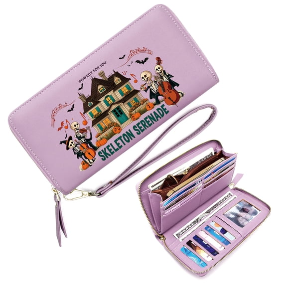 OIDERY Lightweight Women's Clutch Wallet Fashion Women ID Credit Card Holder Skeleton Serenade Haunted House Orchestra Halloween Skeletons Perfect Everyday Use or Gift Idea Everyday Wallet
