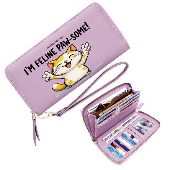 OIDERY Wallet for Women Wallet with Wrist Strap for Women Cartoon Cat Joyful Expression Peace Sign Gesture Perfect for Parties, Work & Casual Use, Gift for Girlfriend, Mom & Friends