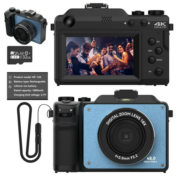 OIEXI 48MP Digital Camera for Photography & 4K Video, Dual Front & Rear Cameras, 18X Digital Zoom, 3.0-inch Screen, 32GB Micro Card, Rechargeable Battery, Compact Camera for Teens/Beginners (Ultramar