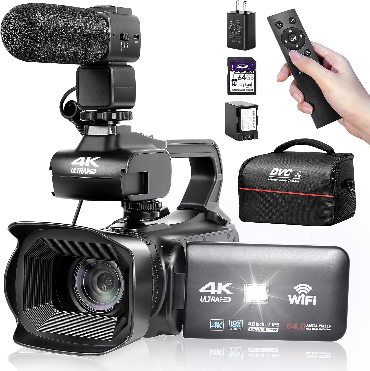 OIEXI 4k Video Camera Camcorder with 18X Digital Zoom,64MP Vlogging Camera for YouTube,4.0-inch Rotating Touchscreen,64GB SD Card,Microphone,Remote Control,Durable Battery(Black)