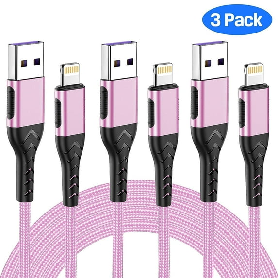 OIITH iPad & iPhone Lightning Cable , Fast Charging Cord Braided 10ft for iphone, Apple Mfi Certified, 3-Pack (Pink)