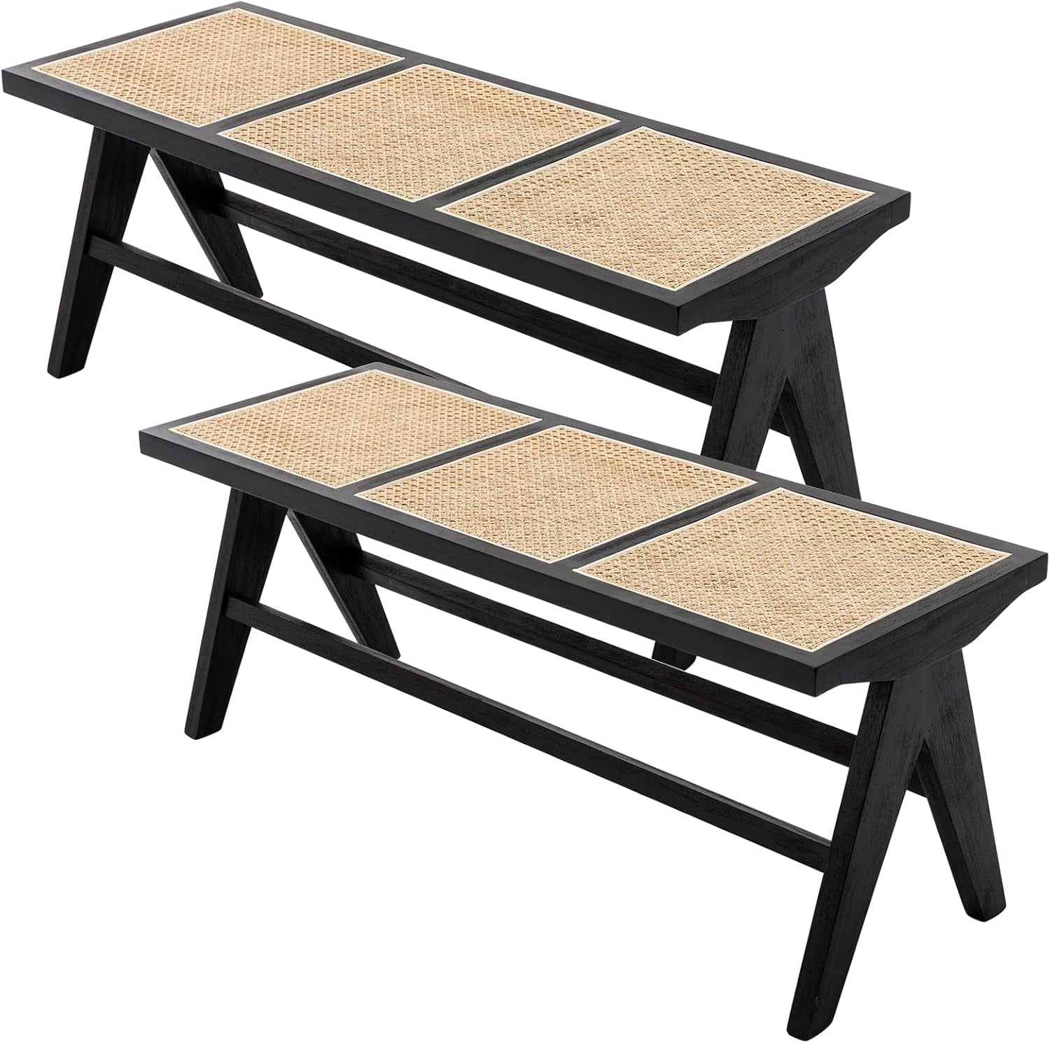 45" Rattan Ottoman Entryway Bench Farmhouse Dining Bench with Black ...
