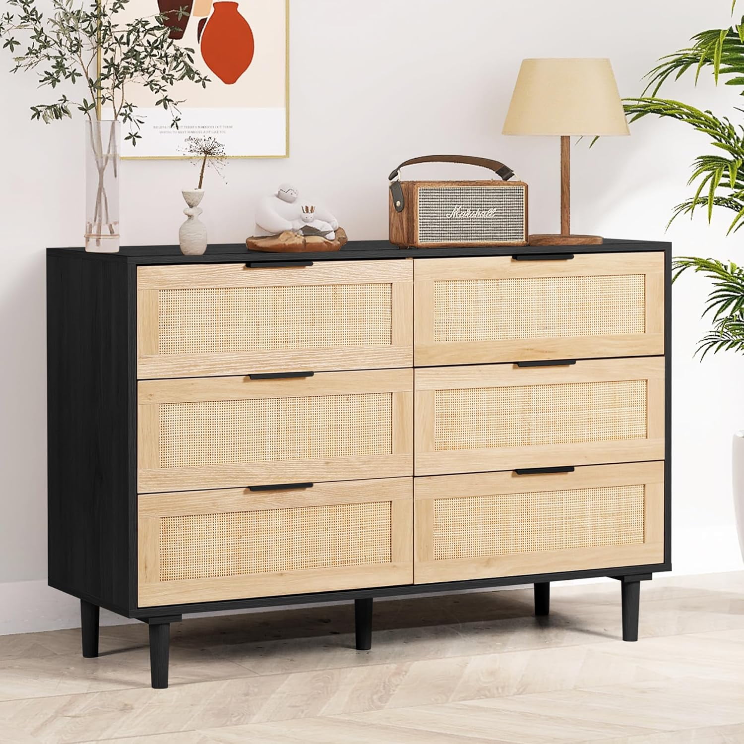 Nathan James Dresser 6-Drawer Rattan Dresser - Modern Wood Storage Chest  For Bedroom & Living Room Wooden Dresser