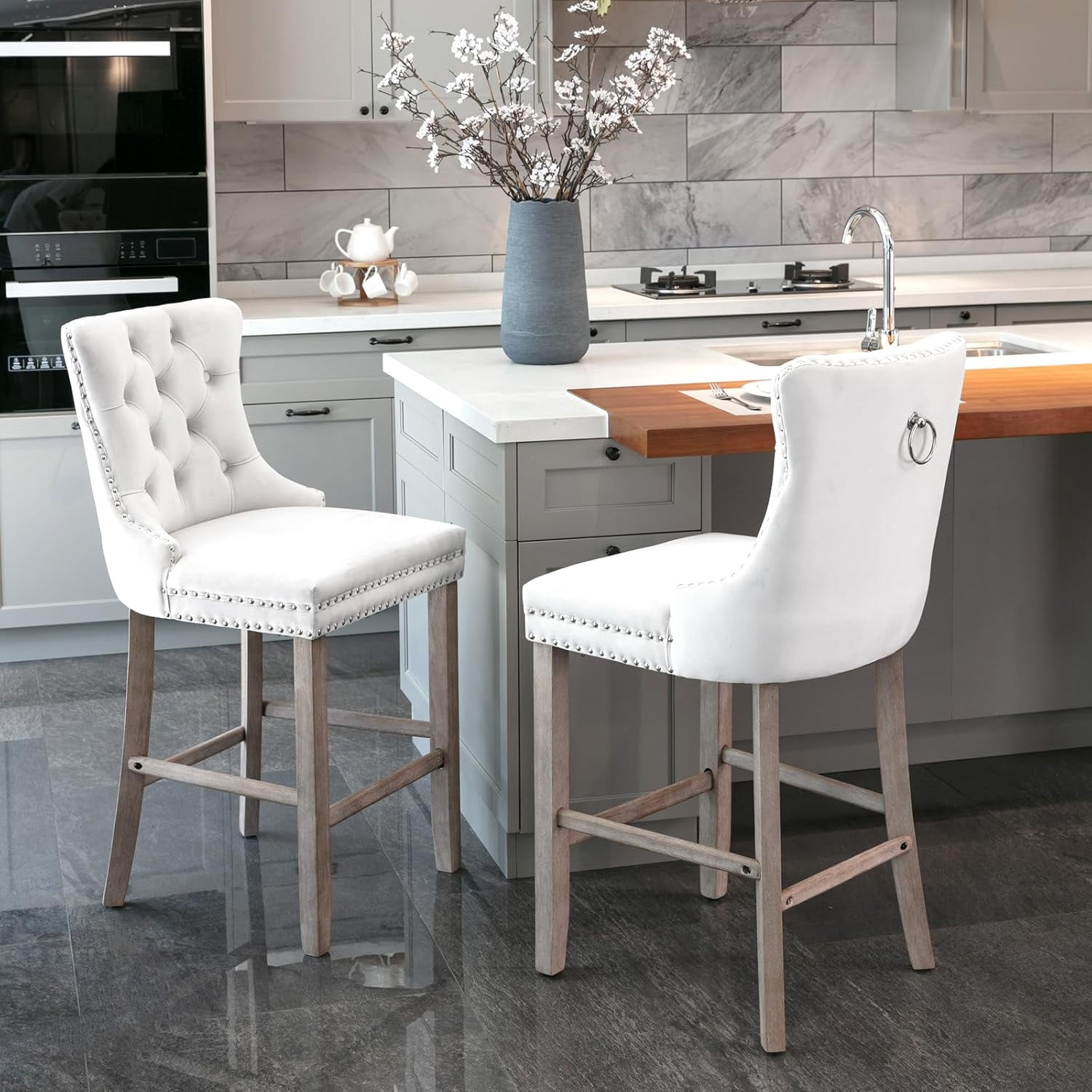 OIKMOINB Counter Height Bar Stools Set of 2 Velvet Upholstered Barstools with Button Tufted ...