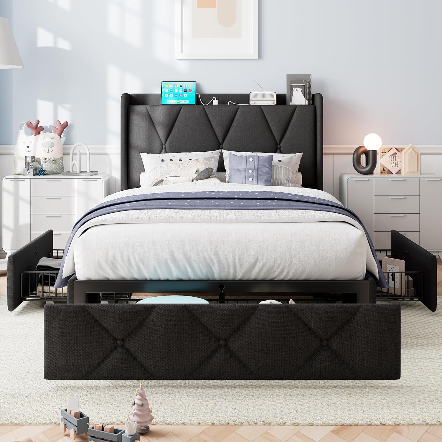 OIKMOINB Full Size Bed Frame with 4 Storage Drawers Upholstered ...