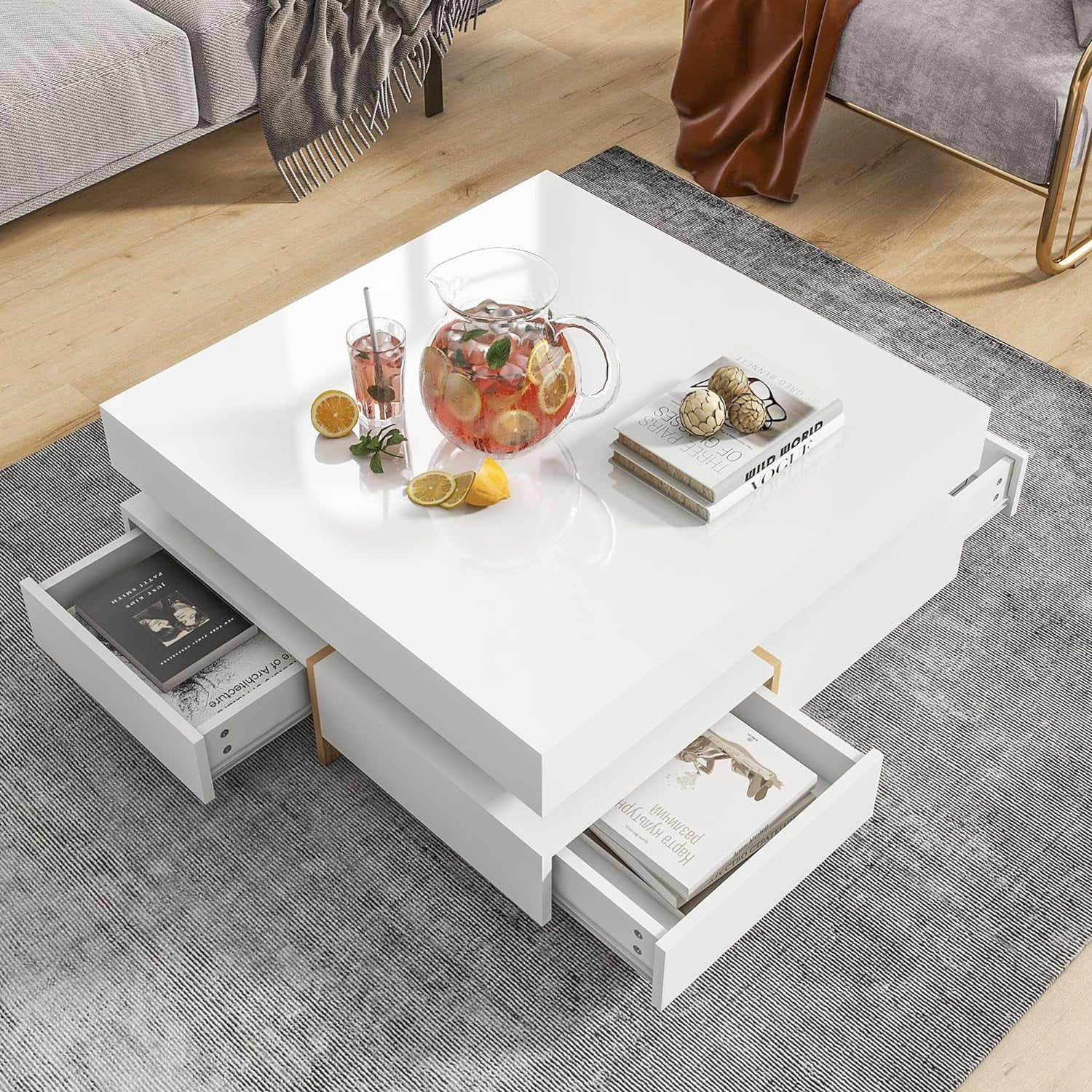 OIKMOINB Modern Coffee Table with 4 Hidden Storage Compartments Living ...