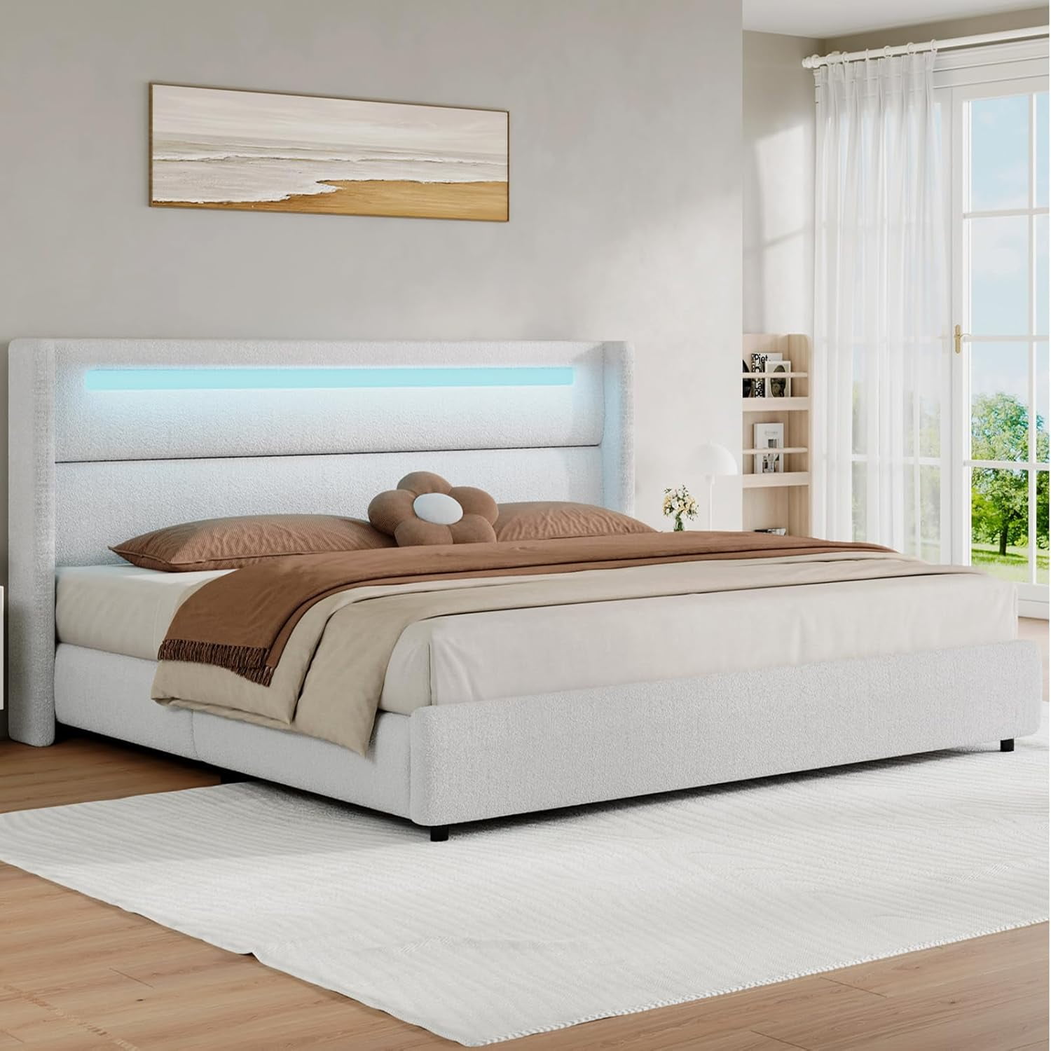 OIKMOINB Twin Bed Frames with Headboard and LED Lights Boucle ...