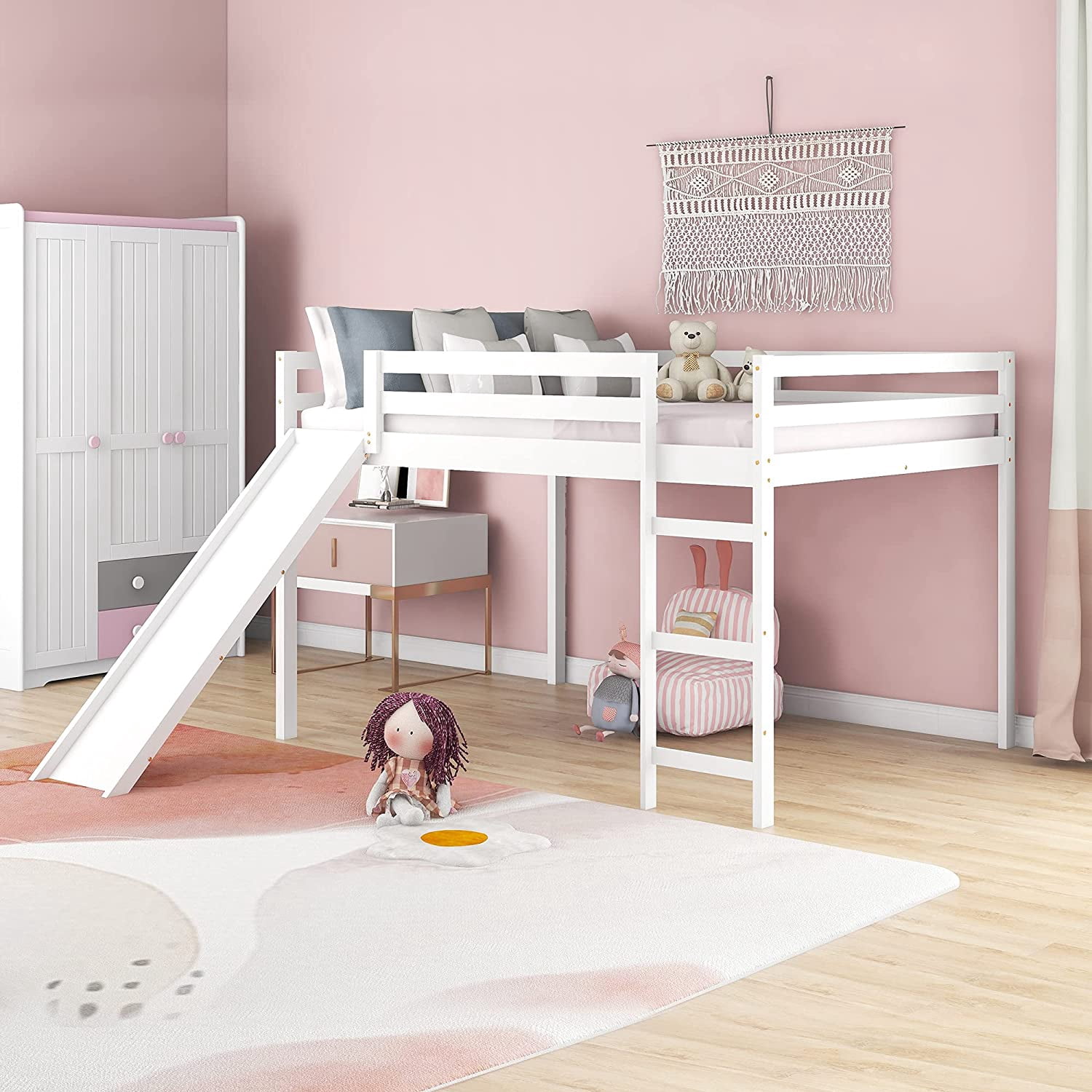 OIKMOINB Wood Twin Size Loft Bed with Slide and Ladder Multifunctional ...
