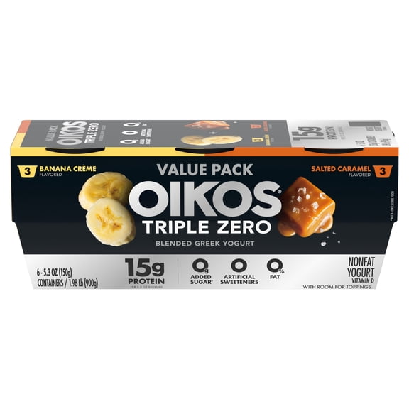Oikos Triple Zero 15g ProteinBanana Creme and Salted Caramel Greek Yogurt, 90 Calories, 0g Added Sugar and 0 Artificial Sweeteners,NonfatYogurt Pack, Great forOffice Snacks,5.3 ozCups, 6 Count