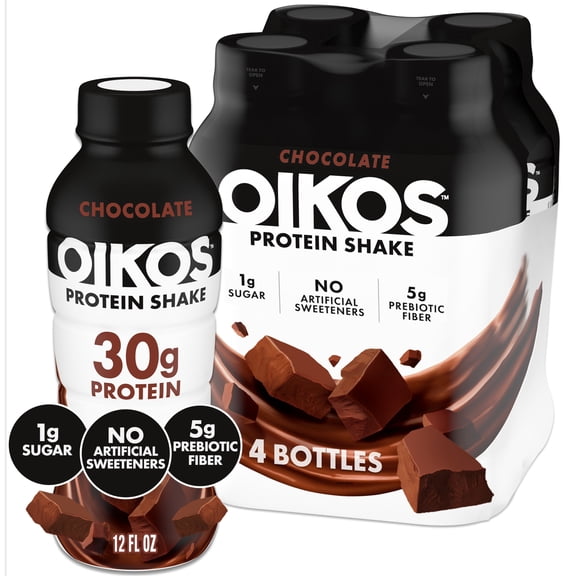 Oikos Protein Shake, Shelf Stable, Chocolate, 30g Protein, 12 fl oz, 4 Count​ Bottles