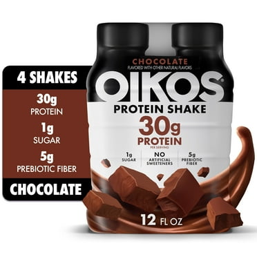 Oikos Protein Shake, Shelf Stable, Chocolate, 30g Protein, 12 fl oz, 4 Count​ Bottles
