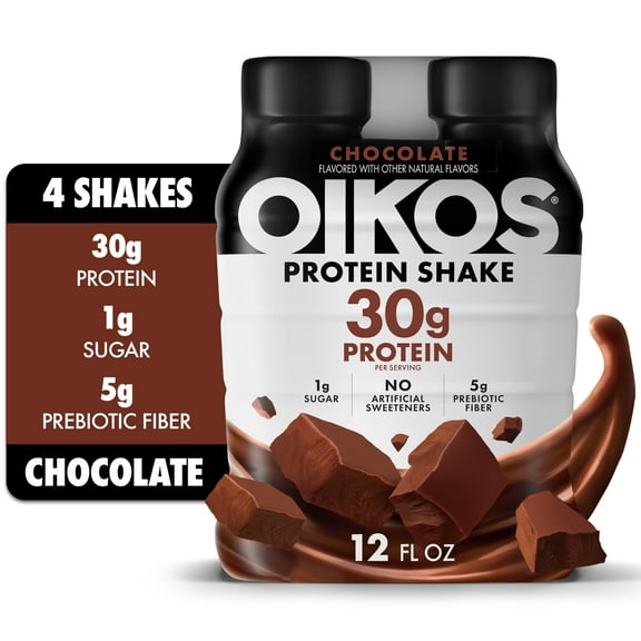 Oikos Protein Shake, Shelf Stable, Chocolate, 30g Protein, 12 fl oz, 4 Count​ Bottles