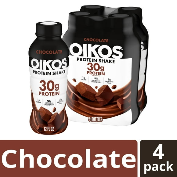 Oikos Protein Shake, Shelf Stable, Chocolate, 30g Protein, 12 fl oz, 4 Count Bottles