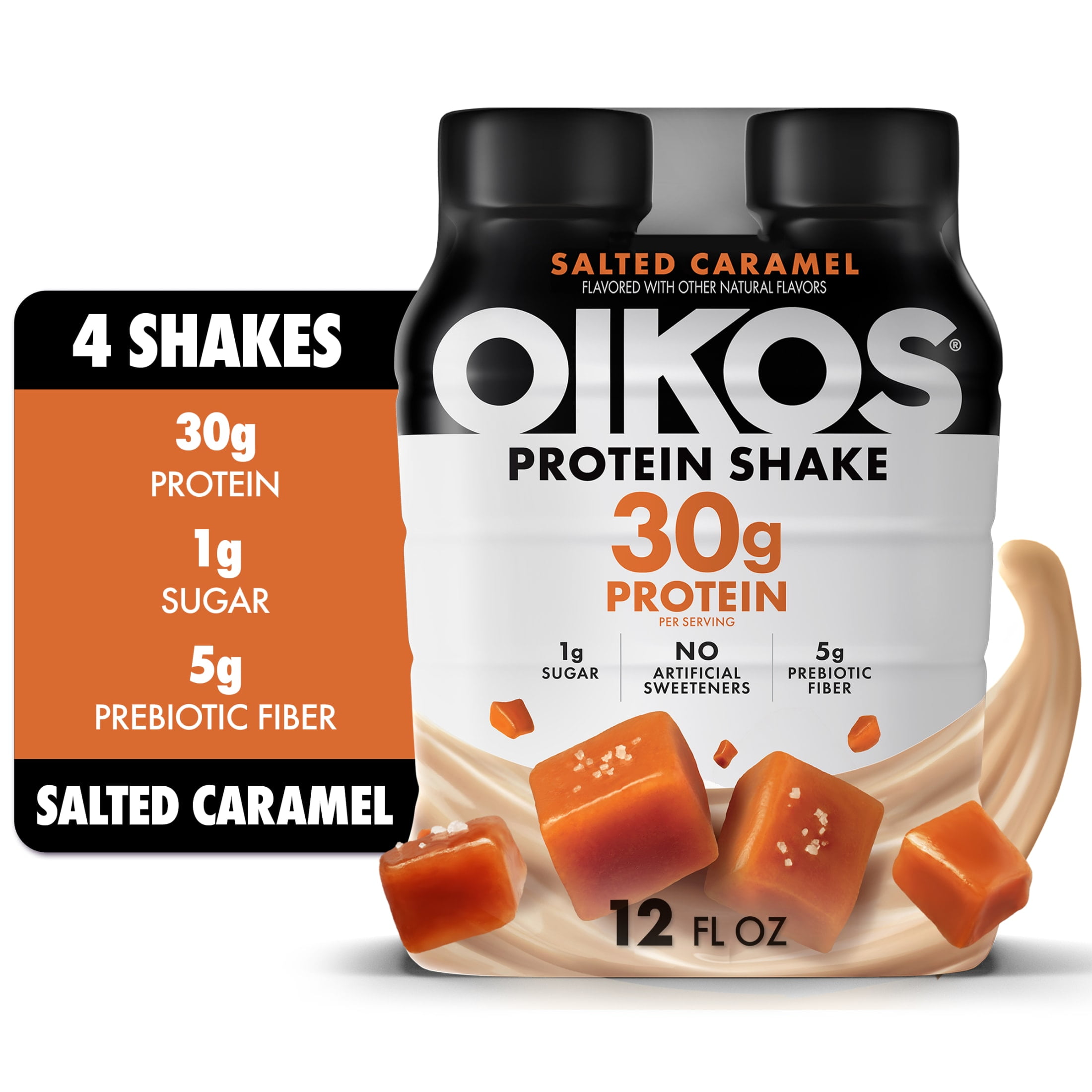 Oikos Protein Shake, Shelf Stable, Salted Caramel, 30g Protein, 12 fl oz, 4 Count Bottles