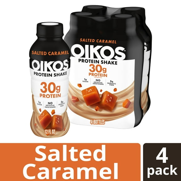 Oikos Protein Shake, Shelf Stable, Salted Caramel, 30g Protein, 12 fl oz, 4 Count Bottles