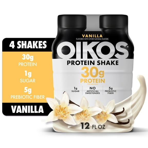 Oikos Protein Shake, Shelf Stable, Vanilla, 30g Protein, 12 fl oz, 4 Count​ Bottles