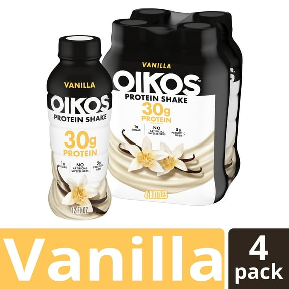 Oikos Protein Shake, Shelf Stable, Vanilla, 30g Protein, 12 fl oz, 4 Count Bottles