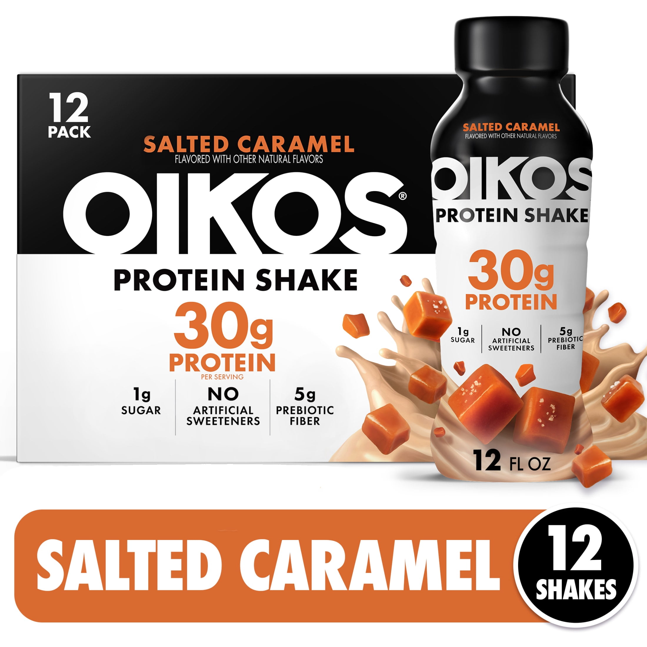 Oikos Protein Shake, Shelf Stable, Salted Caramel, 30g Protein, 12 fl oz, 12 Count​ Bottles