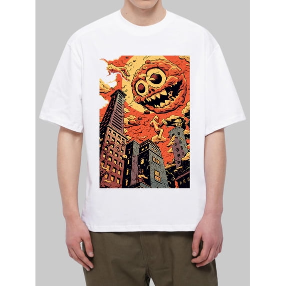 OIMCCIV Unisex Casual Loose T-shirt Evil Sun Printing Crew Neck Short Sleeve T-Shirt