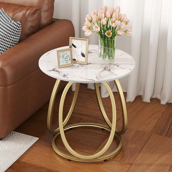 OIOG Round Side Table for Living Room, Gold End Table with Marbling Natural Stone, Nightstand for Bedroom