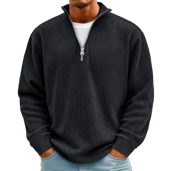 OIOLOYJM 1/4 Zip Pullover Men Corduroy Long Sleeve Henley Shirt Casual Stand Collared Textured Sweatshirt Plus Size Sweater Tops Black 4XL