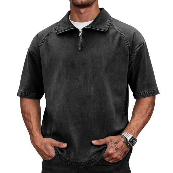 OIOLOYJM 1/4 Zip Pullover Mens Golf Vintage Washed Short Sleeve Polo Shirts Oversized Going Out Lounge Golf Shirts Black L