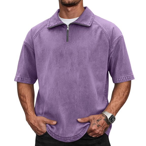 OIOLOYJM 1/4 Zip Pullover Mens Golf Vintage Washed Short Sleeve Polo Shirts Oversized Going Out Lounge Golf Shirts Purple 3XL