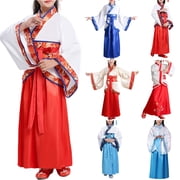 OIOLOYJM 2-Piece Chinese Hanfu Dress Set for Girls Elegant Floral Vintage Retro Costume Casual Long Sleeve Stage Outfit Dark Blue 3-4 Year