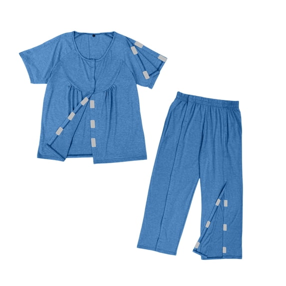OIOLOYJM 2 Piece Post Surgery Recovery Sets for Men Women Cotton Soft Breathable Tear Away Side Snap Outfits Short Sleeve Shirt and Lounge Pants Sets Blue L