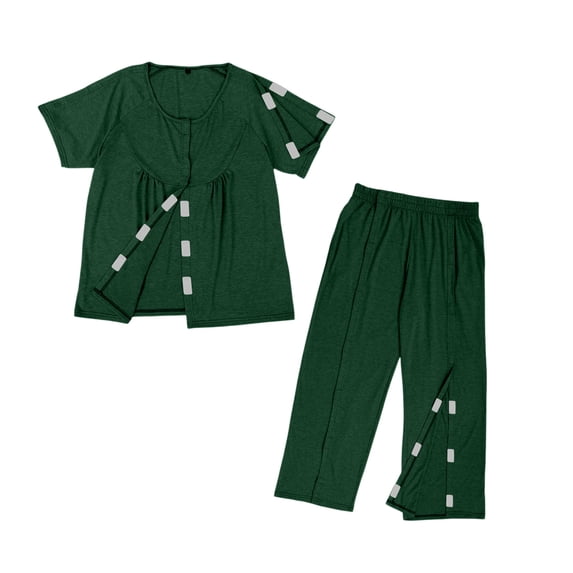 OIOLOYJM 2 Piece Post Surgery Recovery Sets for Men Women Cotton Soft Breathable Tear Away Side Snap Outfits Short Sleeve Shirt and Lounge Pants Sets Dark Green 2XL