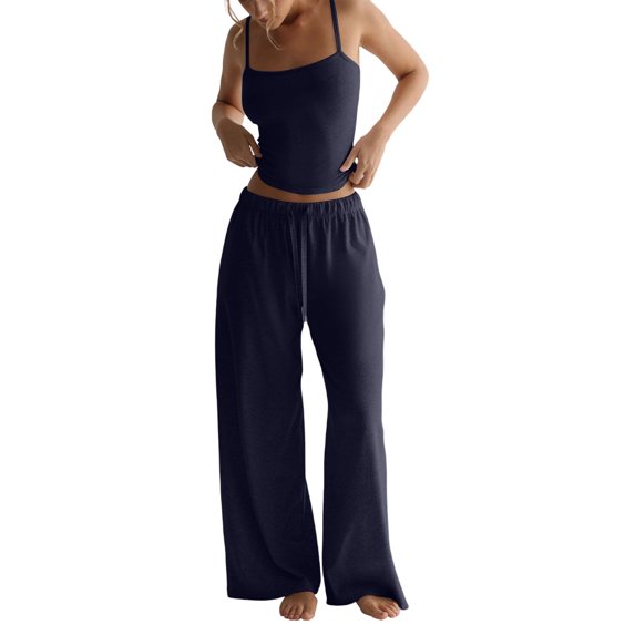 OIOLOYJM 2 Piece Sets for Women Comfy Cami Pajama Sets Casual Loose Tank Tops High Elastic Waist Drawstring Wide Leg Pants Cozy Soft Lounge Set Dark Blue XS
