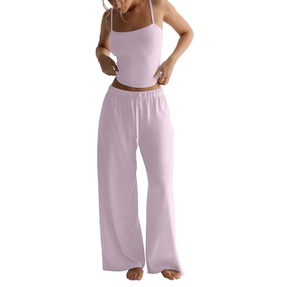 OIOLOYJM 2 Piece Sets for Women Comfy Cami Pajama Sets Casual Loose Tank Tops High Elastic Waist Drawstring Wide Leg Pants Cozy Soft Lounge Set Pink XL