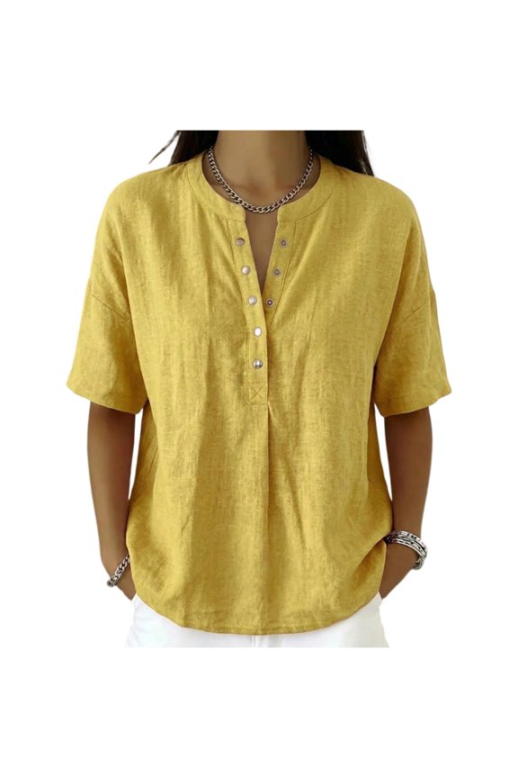 2026 Summer Linen Tops for Women Casual Roll Up Short Sleeve Henley shirts Workout Button Up Loose Fit Work Shirt Yellow 2XL