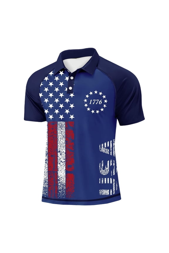 250th Anniversary Shirts for Men 2026 Casual National Flag Print Knit Polo Shirts Cross Patriotic Loose Long Sleeve Golf Shirts Stylish Work Pullover Tops Dark Blue 2XL