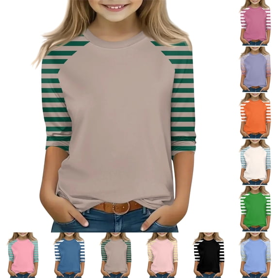 OIOLOYJM 3/4 Length Sleeve Shirts for Girls 2026 Casual Crewneck Color Block Tee Shirt Summer Cotton Cute Pullover Tops Basic Clothing Army Green 4-5 Year