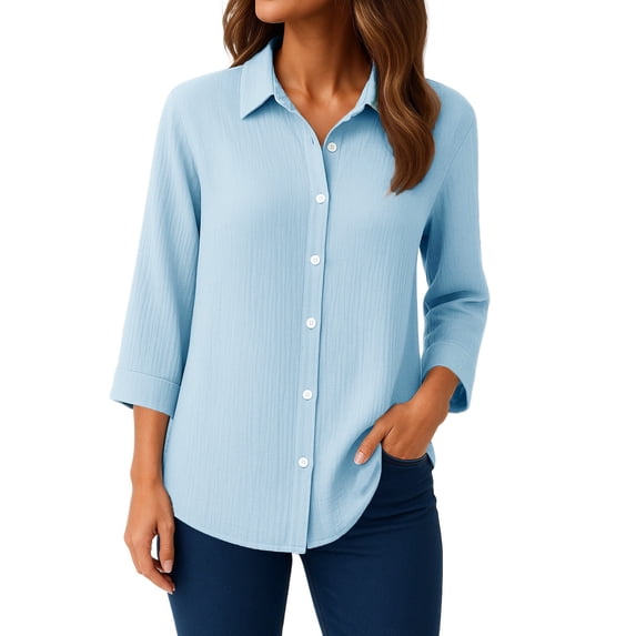 OIOLOYJM 3/4 Sleeve Women's Button Down Shirts Collared Textured Business Blouses Loose Fit Dressy Casual Fashion Work Tops with Chest Pocket Light Blue XL