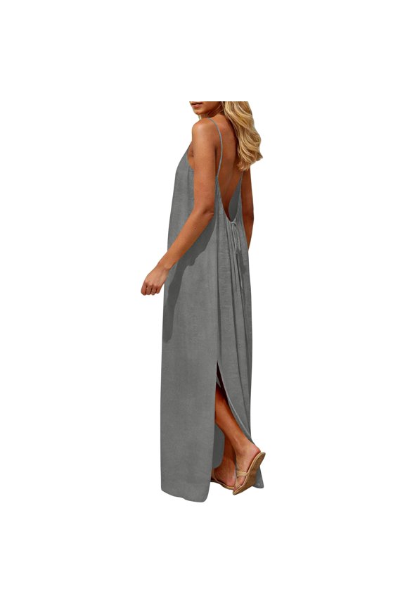 Backless Cami Dresses for Women,Cami Backless Sleeveless Side Split Lounge House Dress Long Sundress with Back Tie Gray M