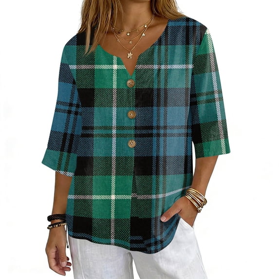 OIOLOYJM Blouses for Women 2026 Casual Plaid 3/4 Length Sleeve Button Shirts Summer Fashion V Neck Clothing Office Loungewear Dark Green XL