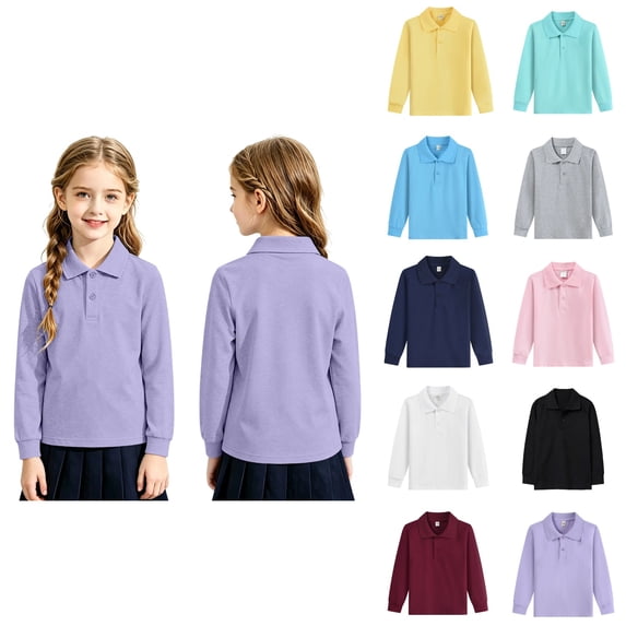 OIOLOYJM Boys Girls Long Sleeve Polo Shirts Soft Comfy Quick Dry Formal School Uniform Casual Basic Outdoor Cozy Back To School Collared Dress Golf Shirts Purple 2-3 Year