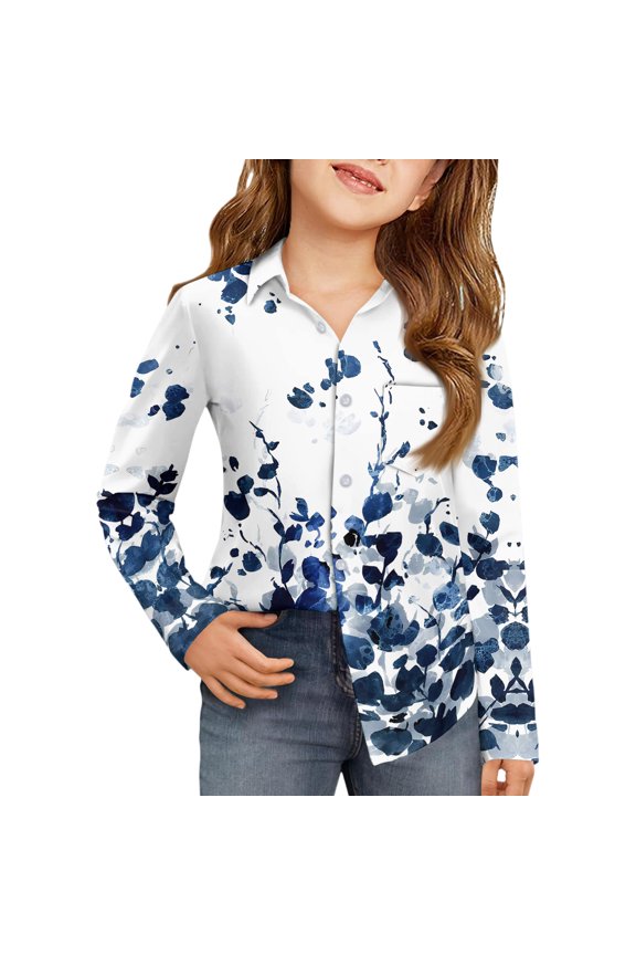 Button Down Shirts for Girls Dress Long Sleeve Floral Print Polo Shirts Spring Trendy Lapel Collar School Uniform Loose Blouses with Pocket Light Blue 4-5 Year