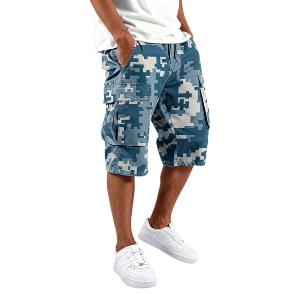 OIOLOYJM Camo Cargo Shorts for Men Elastic Waistband Drawstring Relaxed Fit Casual Breathable Athletic Joggers Classic Hiking Outfits with Pockets Light Blue L