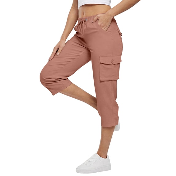 OIOLOYJM Capri Pants for Women with 6 Pockets Lightweight Quick Dry Gym Workout Hiking Summer Cargo Capris Drawstring Elastic Casual Travel 3/4 Pants Ginger L