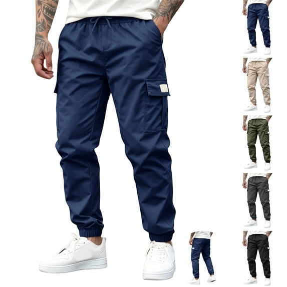 OIOLOYJM Cargo Joggers Men Baggy Relaxed Fit Drawstring Elastic Waist Lounge Cargo Pants with Pockets Outdoor Casual Stretch Running Workout Hiking Pants Dark Blue XL