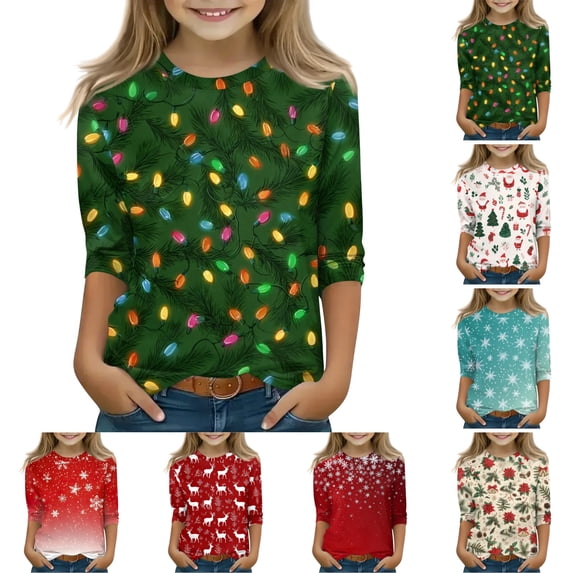 OIOLOYJM Christmas 3/4 Sleeve T Shirts for Girls Casual Cute Christmas Print Crewneck Slim Fit Tees Trendy Comfortable Going Out Outfits
