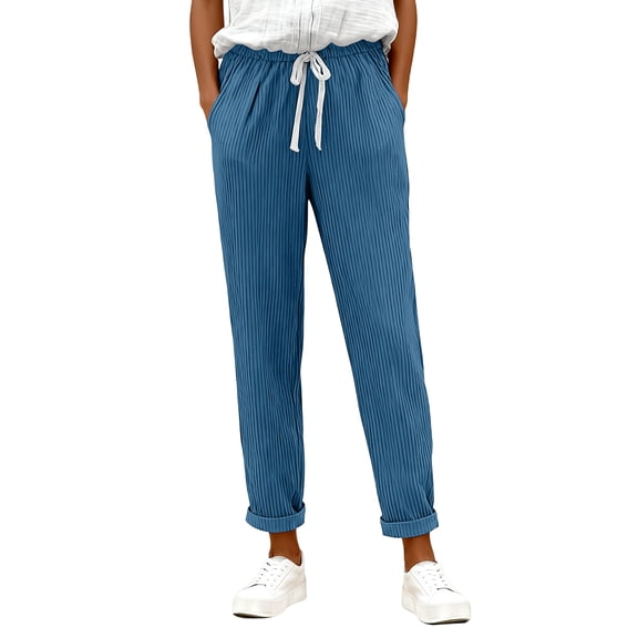 OIOLOYJM Corduroy Pants Women Casual Mid-Rise Pants Elastic Drawstring Straight Leg Work Trousers Soft Comfy Sweatpants with Pockets Blue M