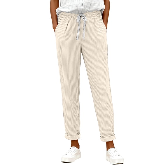 OIOLOYJM Corduroy Pants Women Casual Mid Waisted Pants Elastic Waistband Straight Leg Baggy Trousers Comfy Soft Sweatpants with Pockets Beige S