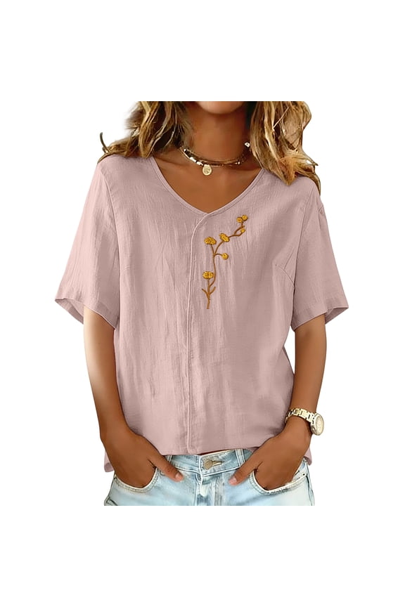 Cotton Linen Shirts for Women 2026 Summer Embroidered Half Sleeve Boho Blouse Dressy Casual Retro Trendy Vacation Top Pink 2XL