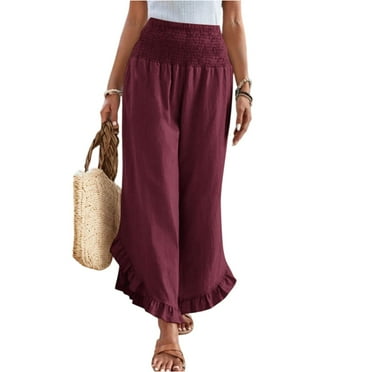 OIOLOYJM Cotton Wide Leg Pants for Women Casual High Waisted Palazzo Pant Summer Plus Size Ruffle Hem Long Lounge Pant Boho Vacation Culottes with Pockets Red XXXL